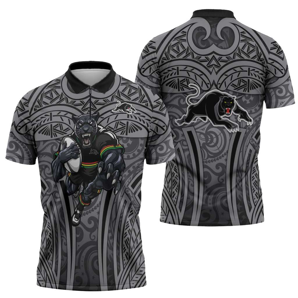 Penrith Panthers Rugby Zipper Polo Shirt Polynesian Tribal Panther Warrior Black Grey Pattern