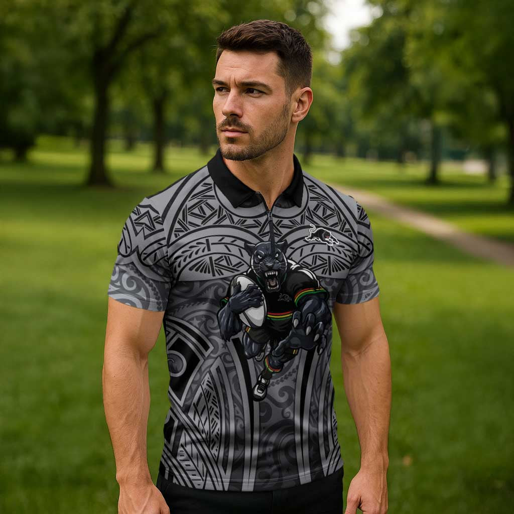 Penrith Panthers Rugby Zipper Polo Shirt Polynesian Tribal Panther Warrior Black Grey Pattern