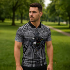 Penrith Panthers Rugby Zipper Polo Shirt Polynesian Tribal Panther Warrior Black Grey Pattern