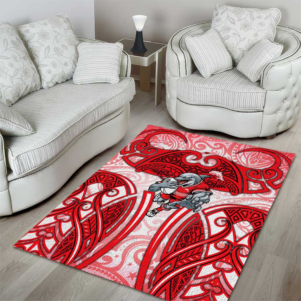 Dolphins Rugby Area Rug Polynesian Tribal Dolphin Warrior Red White Pattern