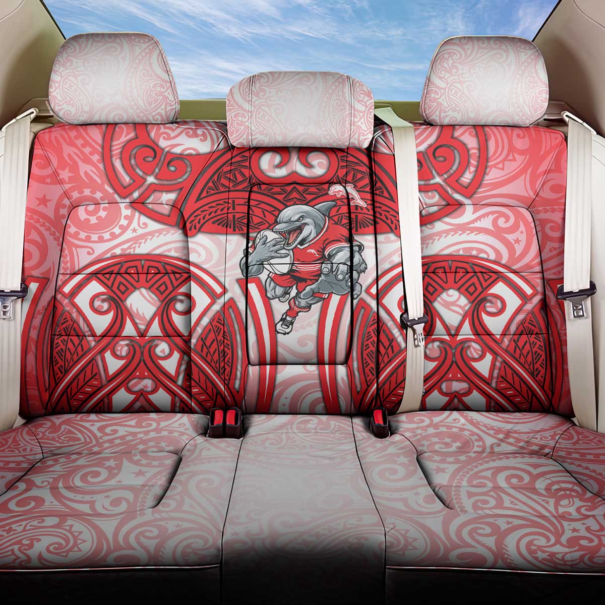 Dolphins Rugby Back Car Seat Cover Polynesian Tribal Dolphin Warrior Red White Pattern