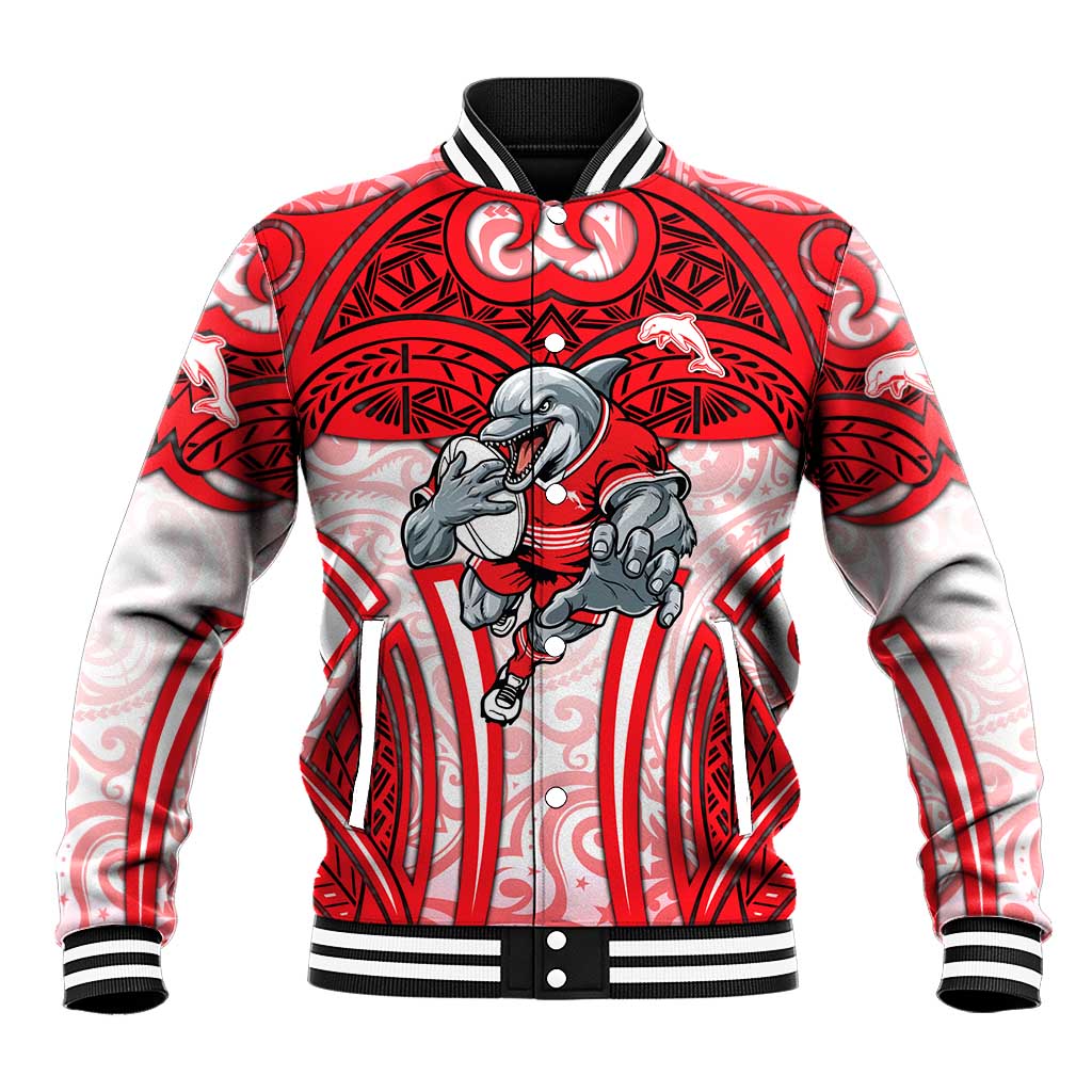 Dolphins Rugby Baseball Jacket Polynesian Tribal Dolphin Warrior Red White Pattern