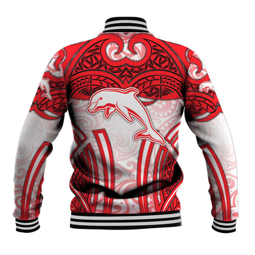 Dolphins Rugby Baseball Jacket Polynesian Tribal Dolphin Warrior Red White Pattern