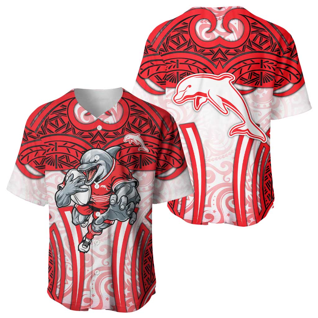 Dolphins Rugby Baseball Jersey Polynesian Tribal Dolphin Warrior Red White Pattern