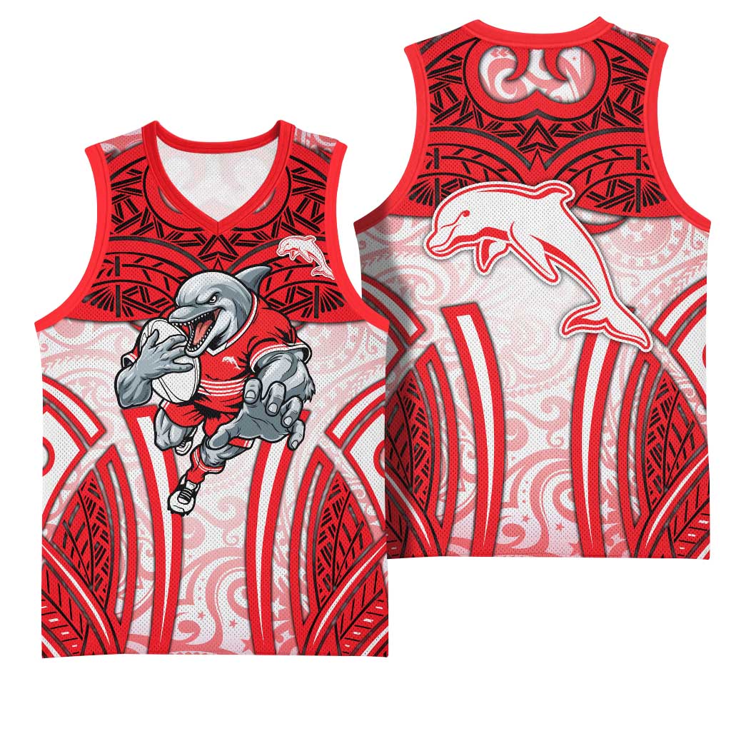 Dolphins Rugby Basketball Jersey Polynesian Tribal Dolphin Warrior Red White Pattern