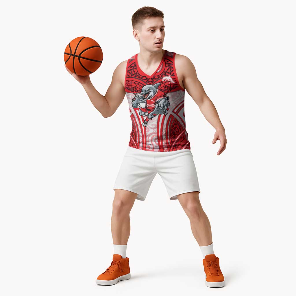 Dolphins Rugby Basketball Jersey Polynesian Tribal Dolphin Warrior Red White Pattern