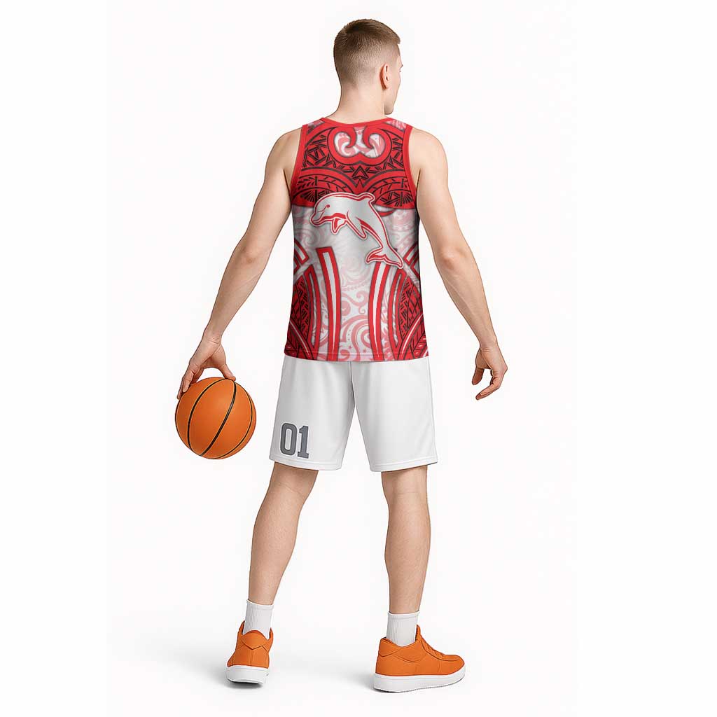 Dolphins Rugby Basketball Jersey Polynesian Tribal Dolphin Warrior Red White Pattern