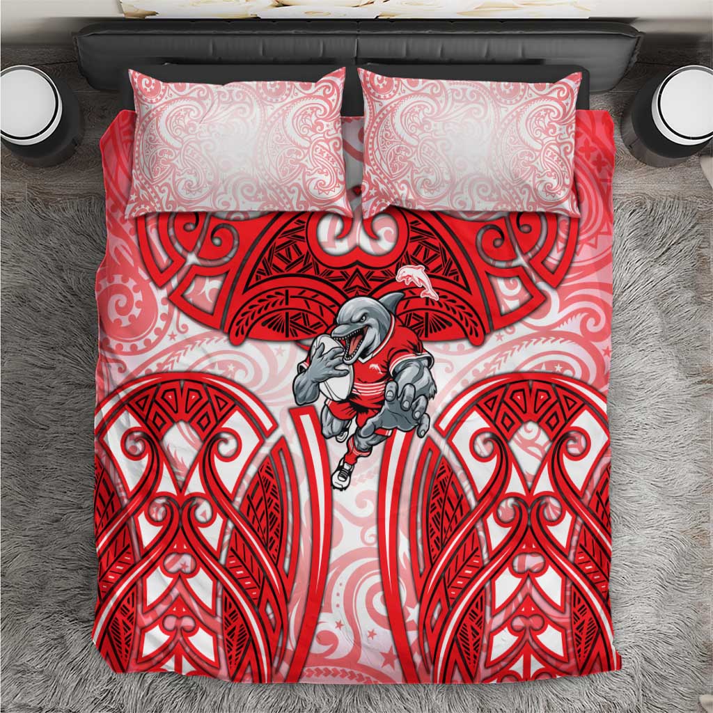 Dolphins Rugby Bedding Set Polynesian Tribal Dolphin Warrior Red White Pattern