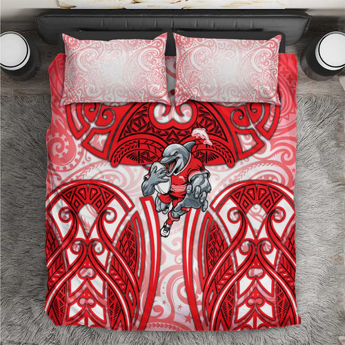 Dolphins Rugby Bedding Set Polynesian Tribal Dolphin Warrior Red White Pattern