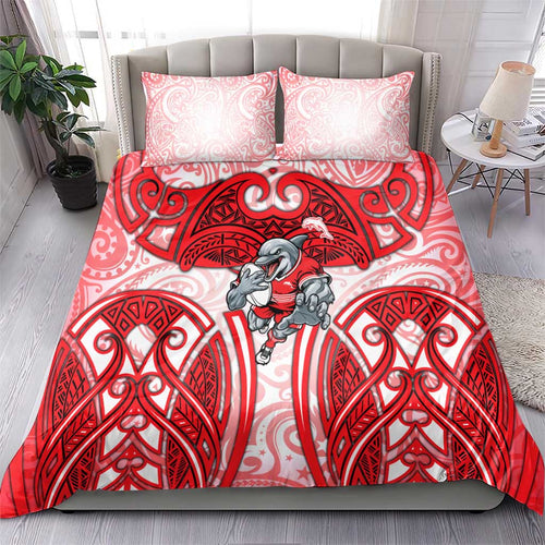 Dolphins Rugby Bedding Set Polynesian Tribal Dolphin Warrior Red White Pattern