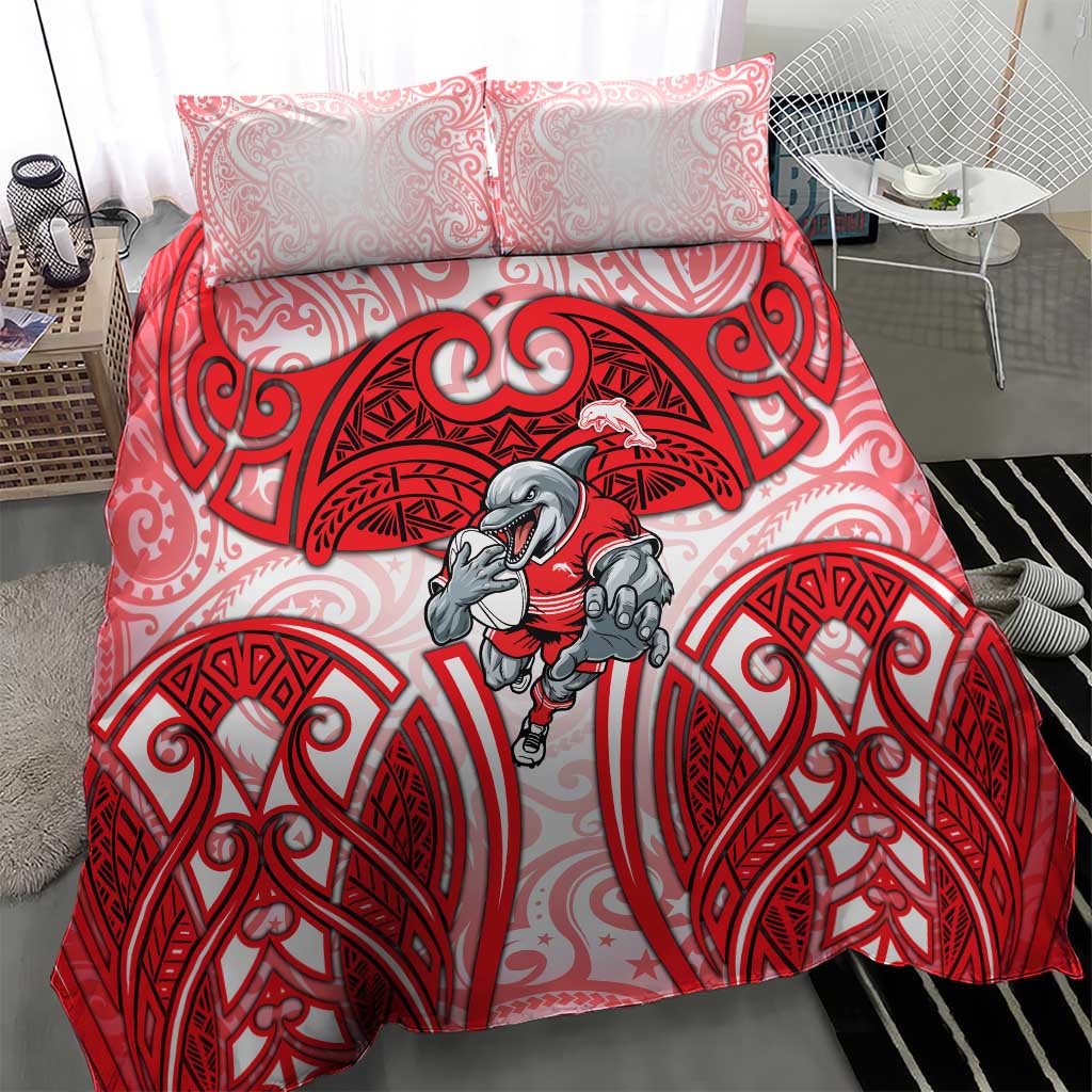 Dolphins Rugby Bedding Set Polynesian Tribal Dolphin Warrior Red White Pattern