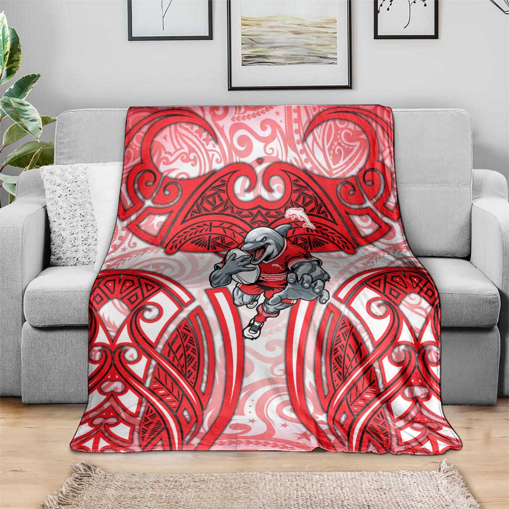 Dolphins Rugby Blanket Polynesian Tribal Dolphin Warrior Red White Pattern