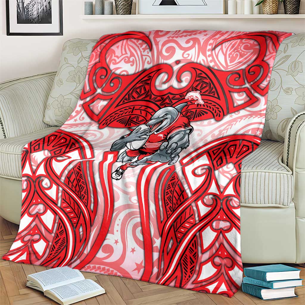 Dolphins Rugby Blanket Polynesian Tribal Dolphin Warrior Red White Pattern