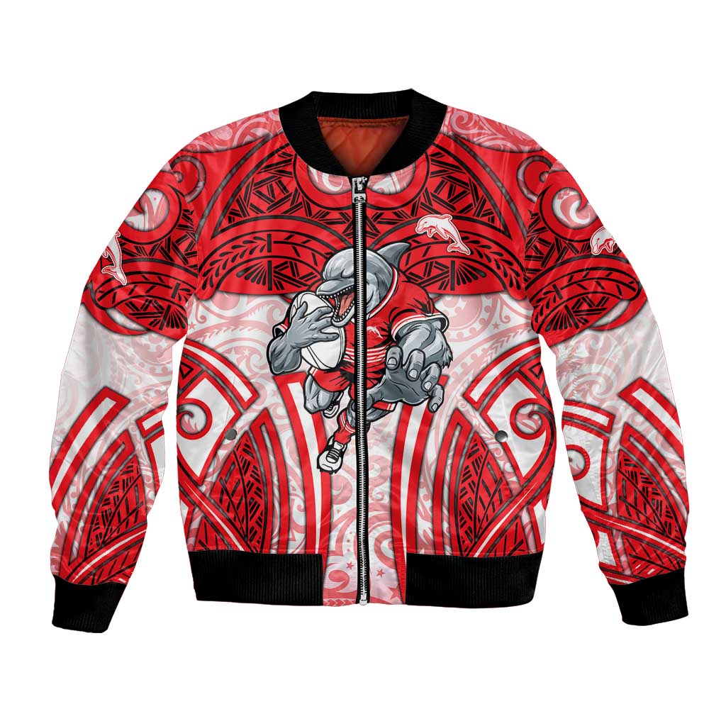 Dolphins Rugby Bomber Jacket Polynesian Tribal Dolphin Warrior Red White Pattern