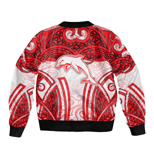 Dolphins Rugby Bomber Jacket Polynesian Tribal Dolphin Warrior Red White Pattern