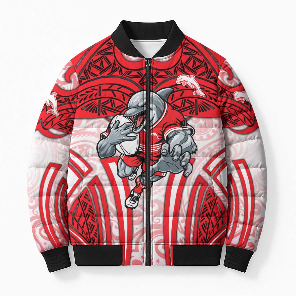 Dolphins Rugby Bomber Puffer Jacket Polynesian Tribal Dolphin Warrior Red White Pattern
