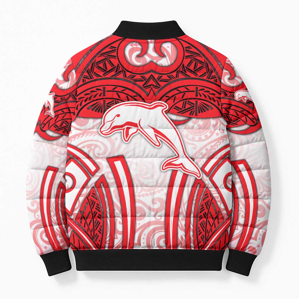Dolphins Rugby Bomber Puffer Jacket Polynesian Tribal Dolphin Warrior Red White Pattern