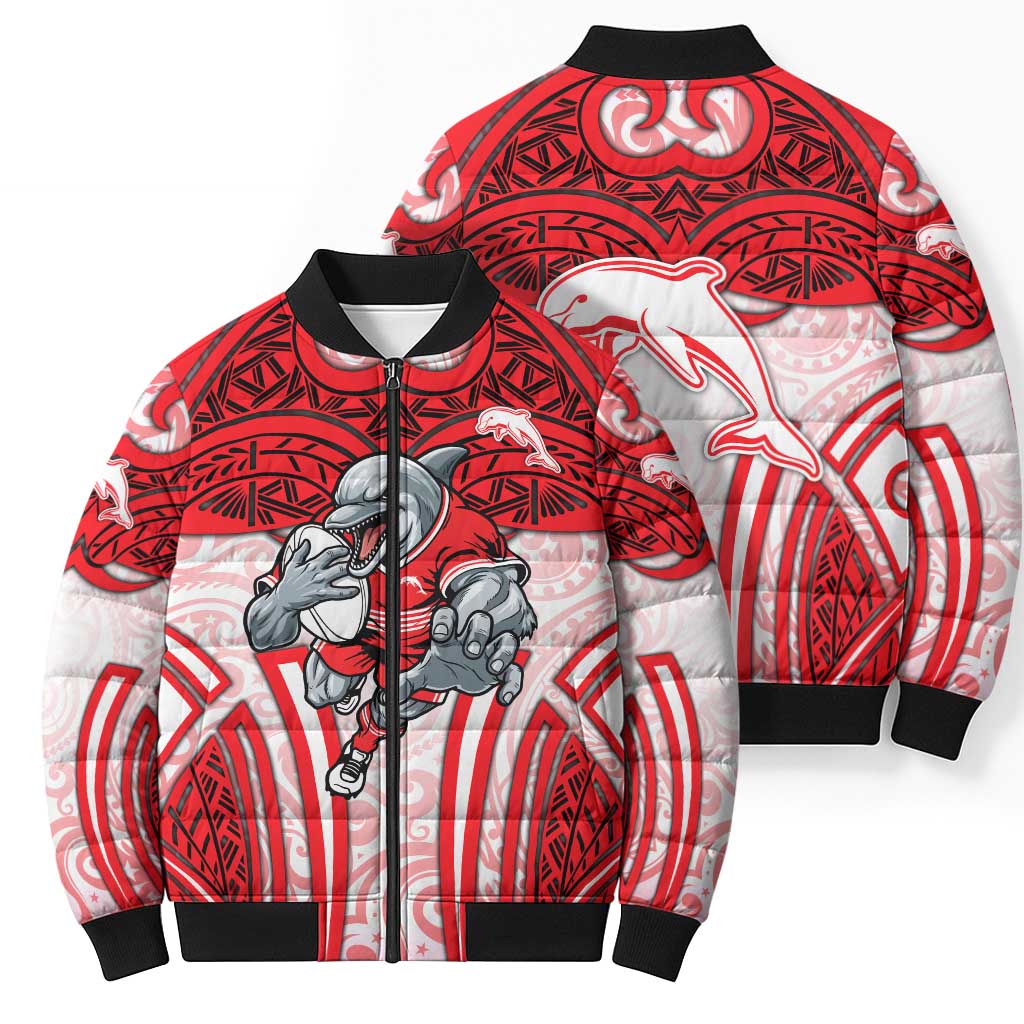 Dolphins Rugby Bomber Puffer Jacket Polynesian Tribal Dolphin Warrior Red White Pattern