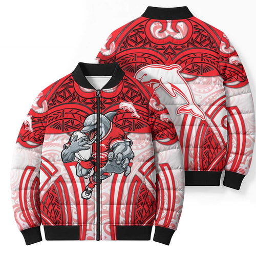 Dolphins Rugby Bomber Puffer Jacket Polynesian Tribal Dolphin Warrior Red White Pattern