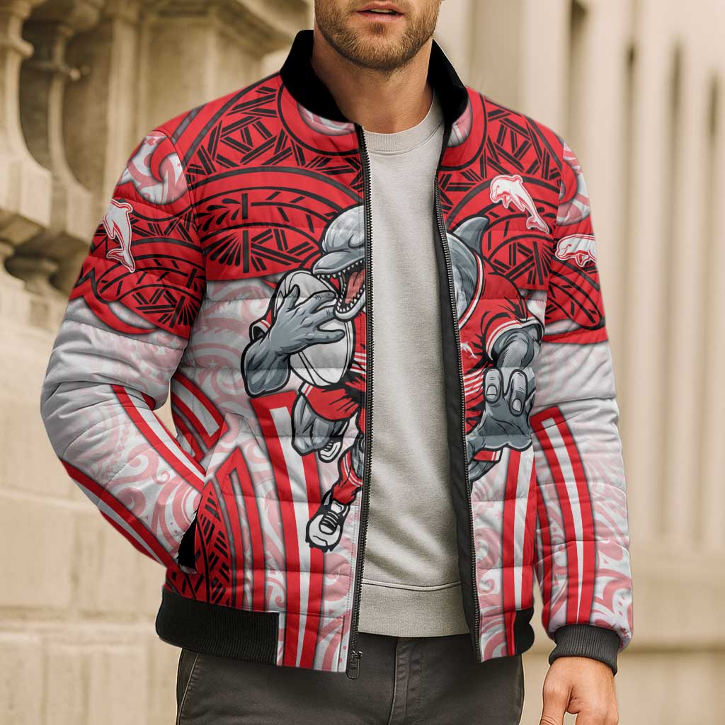 Dolphins Rugby Bomber Puffer Jacket Polynesian Tribal Dolphin Warrior Red White Pattern