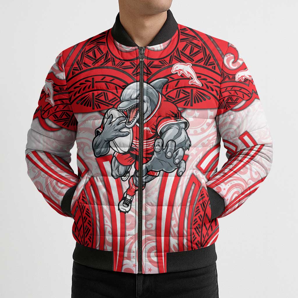 Dolphins Rugby Bomber Puffer Jacket Polynesian Tribal Dolphin Warrior Red White Pattern