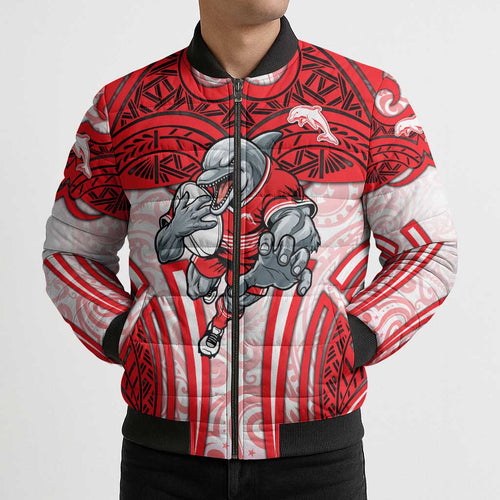 Dolphins Rugby Bomber Puffer Jacket Polynesian Tribal Dolphin Warrior Red White Pattern