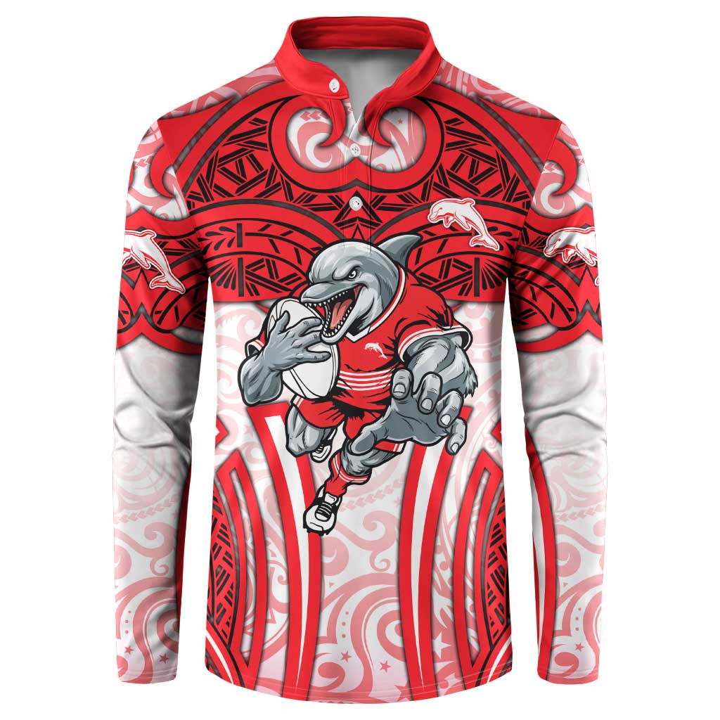 Dolphins Rugby Button Sweatshirt Polynesian Tribal Dolphin Warrior Red White Pattern