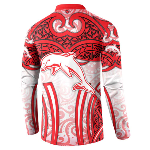 Dolphins Rugby Button Sweatshirt Polynesian Tribal Dolphin Warrior Red White Pattern