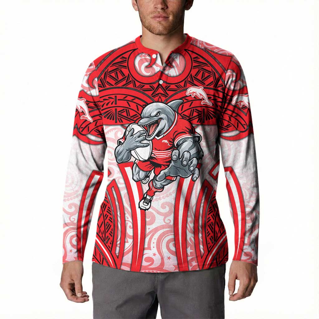 Dolphins Rugby Button Sweatshirt Polynesian Tribal Dolphin Warrior Red White Pattern
