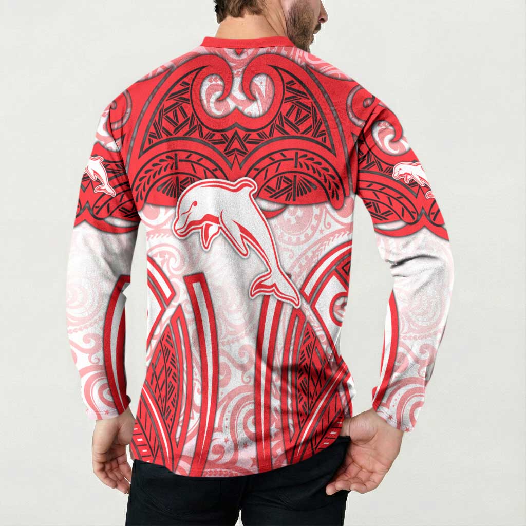 Dolphins Rugby Button Sweatshirt Polynesian Tribal Dolphin Warrior Red White Pattern