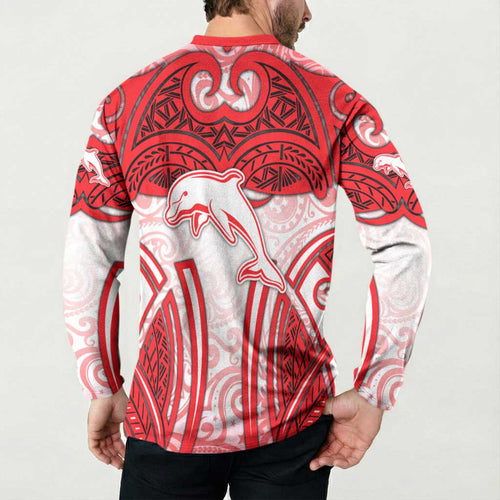 Dolphins Rugby Button Sweatshirt Polynesian Tribal Dolphin Warrior Red White Pattern