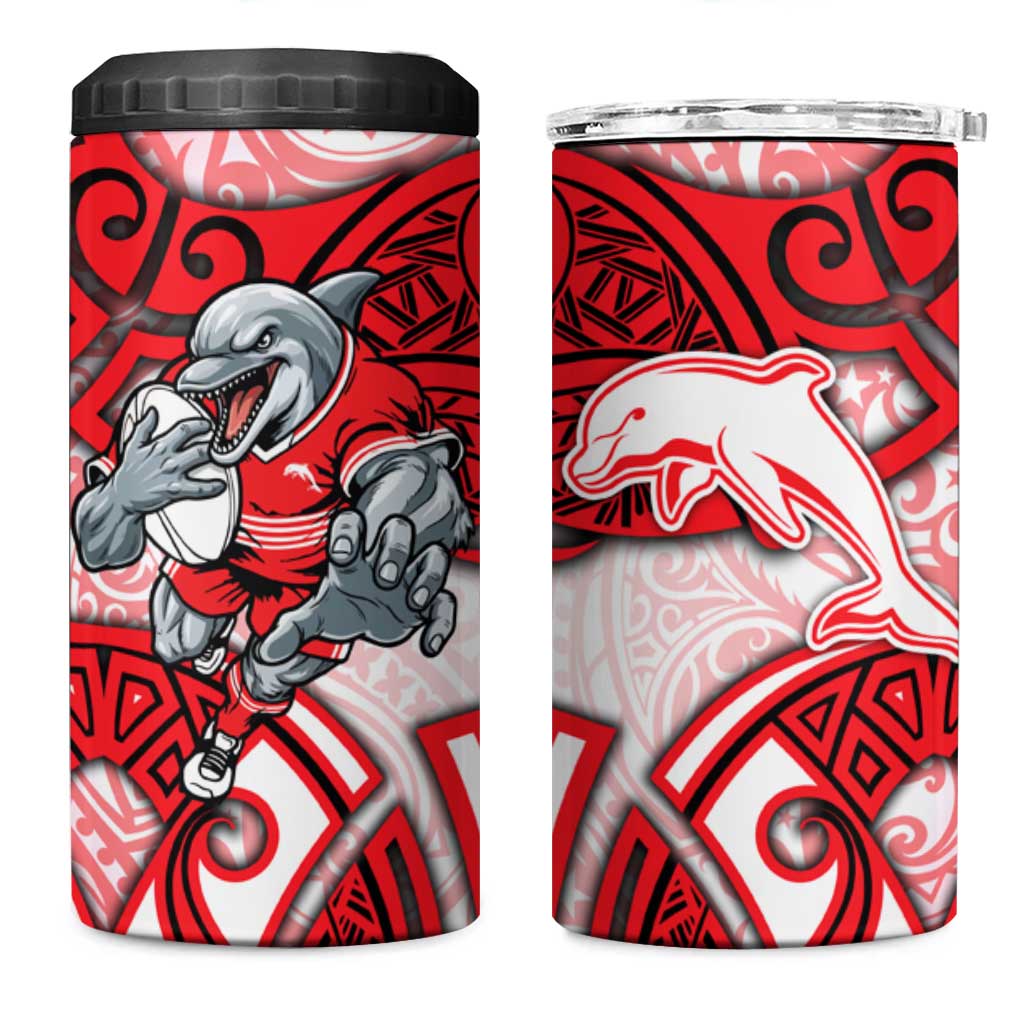 Dolphins Rugby 4 in 1 Can Cooler Tumbler Polynesian Tribal Dolphin Warrior Red White Pattern