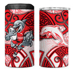 Dolphins Rugby 4 in 1 Can Cooler Tumbler Polynesian Tribal Dolphin Warrior Red White Pattern