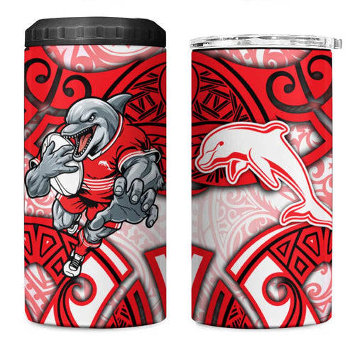 Dolphins Rugby 4 in 1 Can Cooler Tumbler Polynesian Tribal Dolphin Warrior Red White Pattern