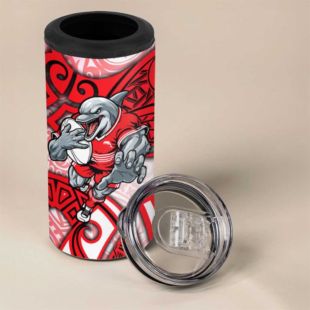 Dolphins Rugby 4 in 1 Can Cooler Tumbler Polynesian Tribal Dolphin Warrior Red White Pattern