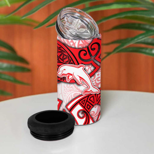 Dolphins Rugby 4 in 1 Can Cooler Tumbler Polynesian Tribal Dolphin Warrior Red White Pattern