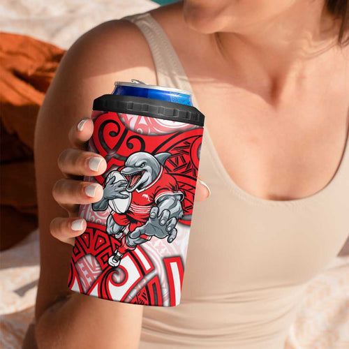 Dolphins Rugby 4 in 1 Can Cooler Tumbler Polynesian Tribal Dolphin Warrior Red White Pattern