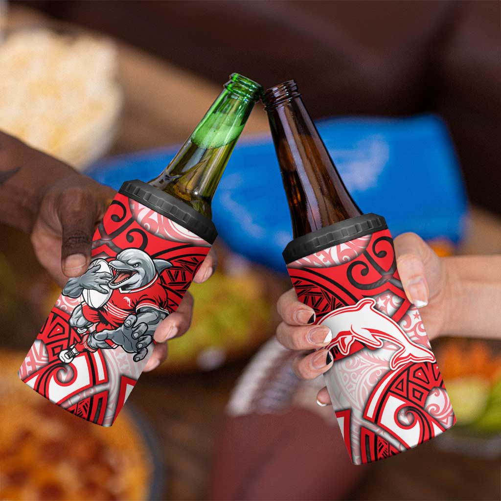 Dolphins Rugby 4 in 1 Can Cooler Tumbler Polynesian Tribal Dolphin Warrior Red White Pattern