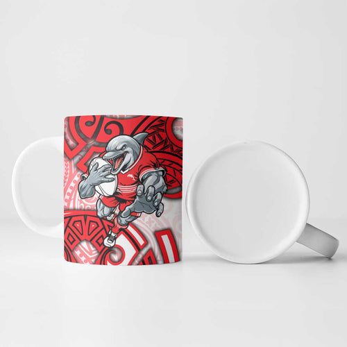 Dolphins Rugby Ceramic Mug Polynesian Tribal Dolphin Warrior Red White Pattern