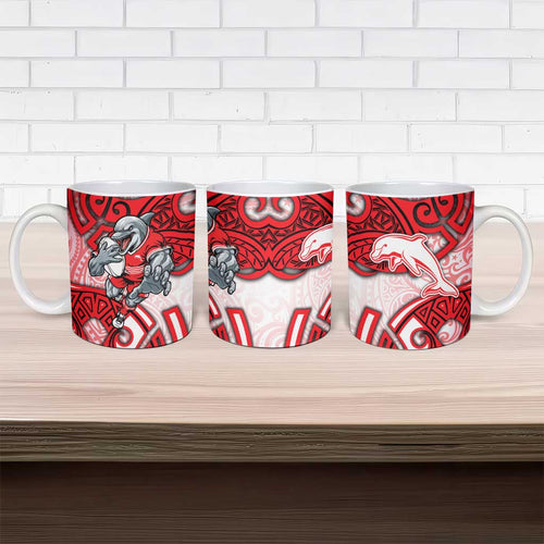 Dolphins Rugby Ceramic Mug Polynesian Tribal Dolphin Warrior Red White Pattern