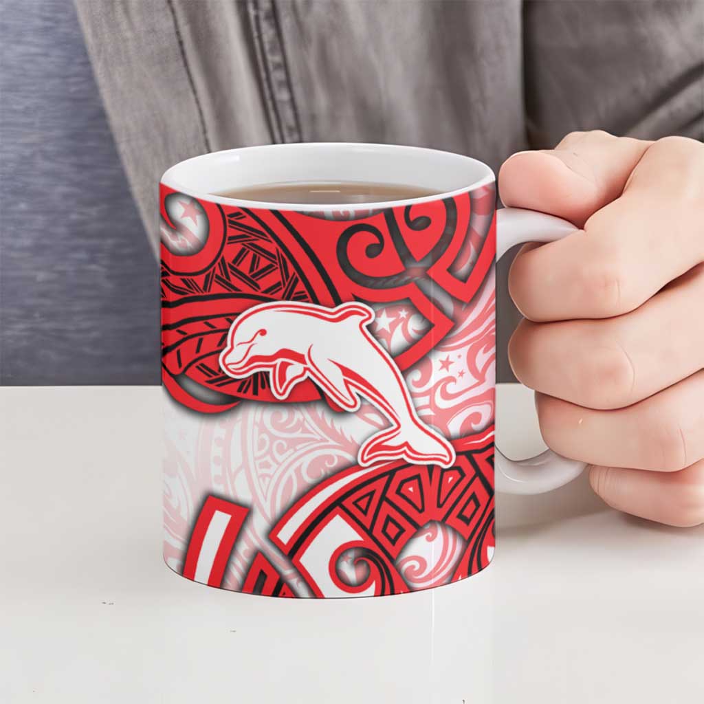 Dolphins Rugby Ceramic Mug Polynesian Tribal Dolphin Warrior Red White Pattern
