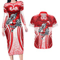Dolphins Rugby Couples Matching Long Sleeve Bodycon Dress and Hawaiian Shirt Polynesian Tribal Dolphin Warrior Red White Pattern