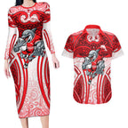 Dolphins Rugby Couples Matching Long Sleeve Bodycon Dress and Hawaiian Shirt Polynesian Tribal Dolphin Warrior Red White Pattern