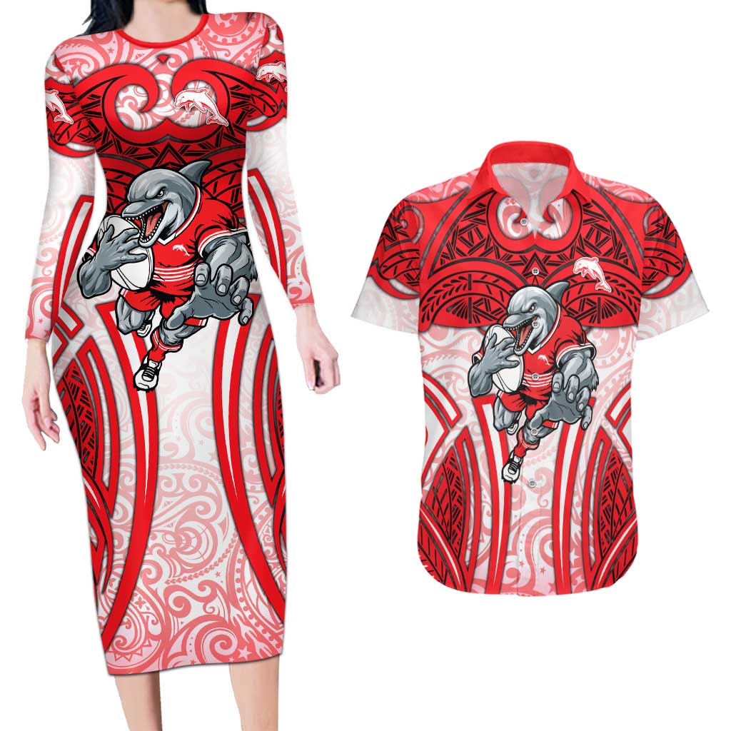 Dolphins Rugby Couples Matching Long Sleeve Bodycon Dress and Hawaiian Shirt Polynesian Tribal Dolphin Warrior Red White Pattern