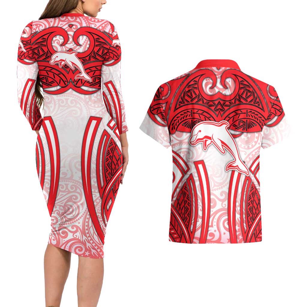 Dolphins Rugby Couples Matching Long Sleeve Bodycon Dress and Hawaiian Shirt Polynesian Tribal Dolphin Warrior Red White Pattern