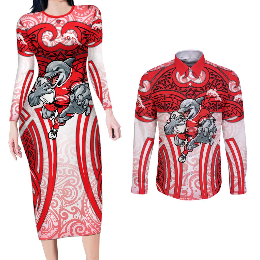 Dolphins Rugby Couples Matching Long Sleeve Bodycon Dress and Long Sleeve Button Shirt Polynesian Tribal Dolphin Warrior Red White Pattern
