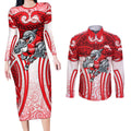 Dolphins Rugby Couples Matching Long Sleeve Bodycon Dress and Long Sleeve Button Shirt Polynesian Tribal Dolphin Warrior Red White Pattern