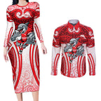 Dolphins Rugby Couples Matching Long Sleeve Bodycon Dress and Long Sleeve Button Shirt Polynesian Tribal Dolphin Warrior Red White Pattern