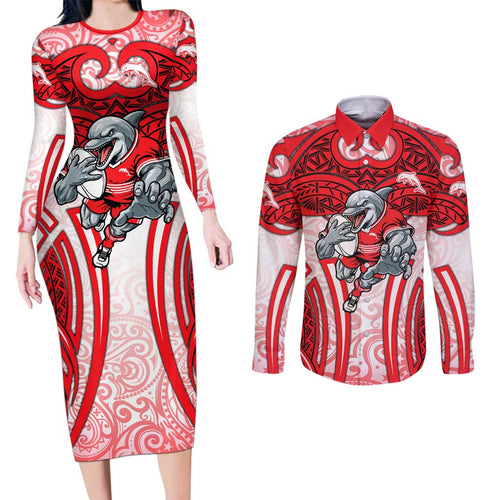 Dolphins Rugby Couples Matching Long Sleeve Bodycon Dress and Long Sleeve Button Shirt Polynesian Tribal Dolphin Warrior Red White Pattern