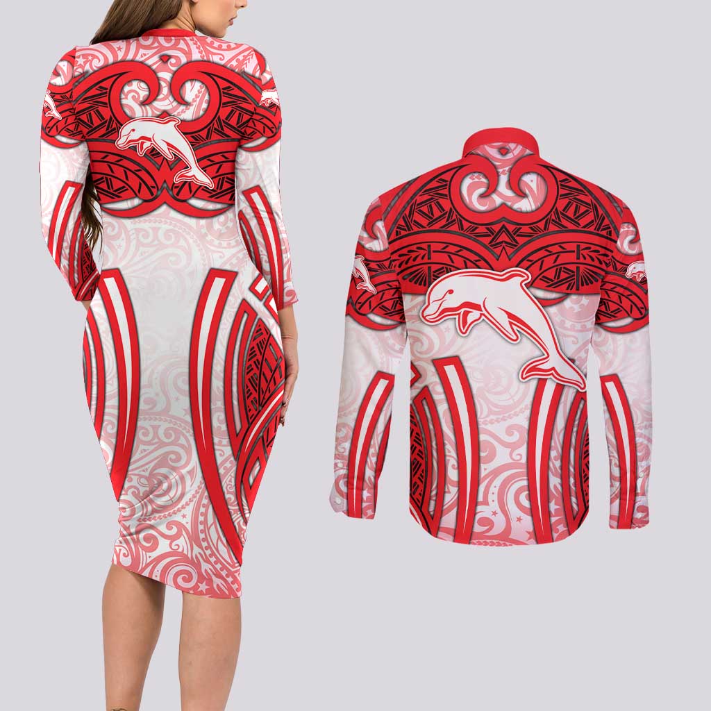 Dolphins Rugby Couples Matching Long Sleeve Bodycon Dress and Long Sleeve Button Shirt Polynesian Tribal Dolphin Warrior Red White Pattern